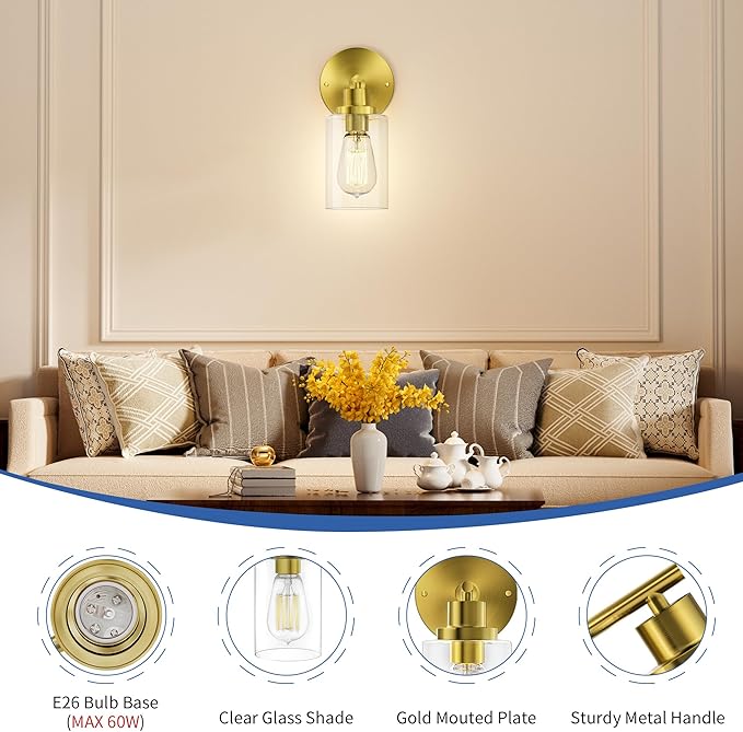 GORDNWE 1-Light Bathroom Wall Sconce, Brushed Gold Vanity Light, Modern Wall Light Fixture with Clear Glass Shade and E26 Bulb Base, Wall Lamp Wall Mount Light Fixtures for Mirror, Bedroom, Hallway