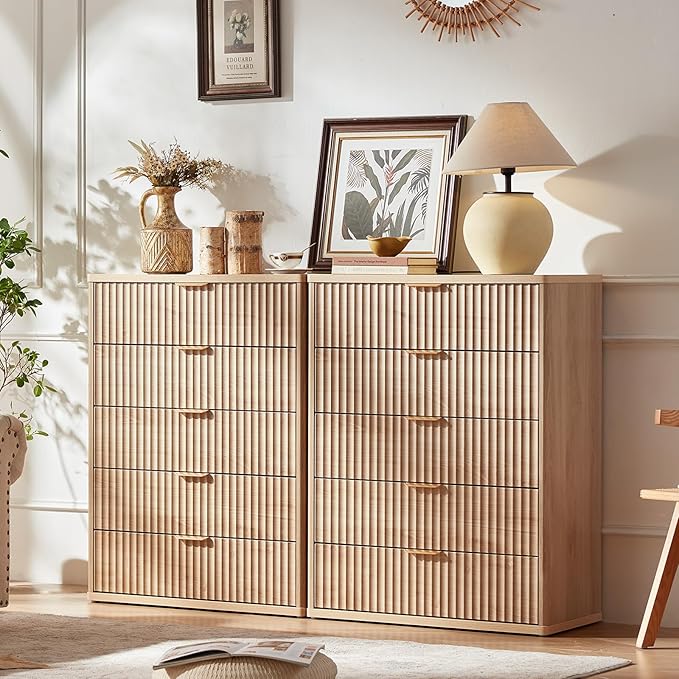 LEYAOYAO Fluted 5 Drawers Dresser for Bedroom, 41" Tall Modern Chest of Drawers with Metal Handle, Curved Profile Design,Natural Wood Drawer Organizer for Bedroom, Living Room, Hallway, Entryway