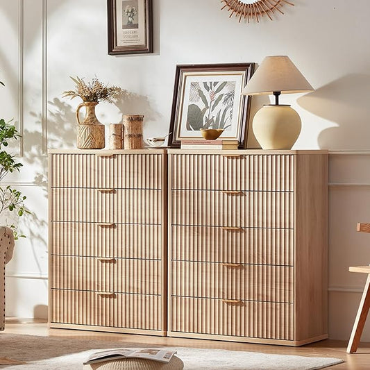 LEYAOYAO Fluted 5 Drawers Dresser Set of 2, 41" Tall Modern Chest of Drawers with Metal Handle, Curved Profile Dresser TV Stand, Wooden Drawer Organizer for Bedroom, Living Room, Hallway, Navy Blue