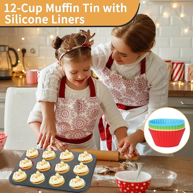 Bakeware Sets 6 Pcs, Non Stick Baking Pans Set, Black Speckled Kitchen Baking Set, Stackable Storage, Easy Clean & Even Heating, with Cooling Rack, Cake, Muffin, and Loaf Pan