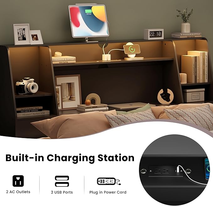 Queen/Full Headboard Only for Queen Bed, Wood Bookcase Head Board with Charging Station & 2 LED Lights, Stylish Noise-Free with Ample Storage for Bedroom, Height Adjustable, Black