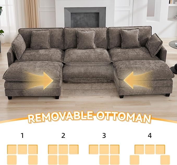 111'' Sectional Cloud Deep Seat Couch, Oversized Chenille U Shaped Sectional Sofa for Living Room Set, Comfy Upholstered Modular 3-Seats Sectional Sofa Couch with 2 Movable Ottoman, Brown