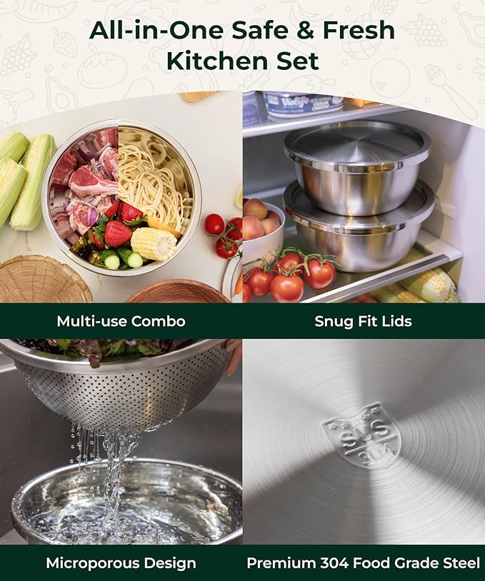 Enther Stainless Steel Colander Set with Lid - Set of 3 Rice Strainer Bowls, 2.6, 3.2, 4QT - Durable Mesh Filter, Nestable Design for Washing Vegetables, Fruit and Rice and for Draining Cooked Pasta