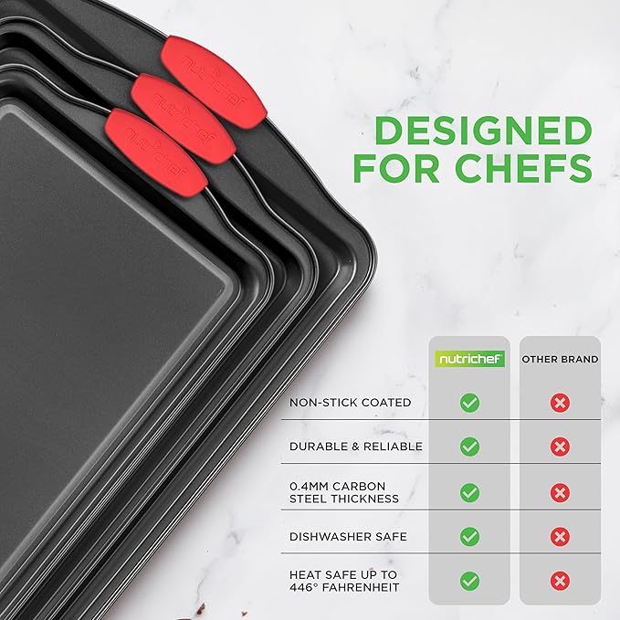 NutriChef Nonstick Baking Pans Set – Premium Cookie Sheets for Baking, Carbon Steel Stackable Baking Trays with Red Silicone Handles, Oven Safe Pans for Cookies, and Cakes, Dishwasher Safe (6 Pack)