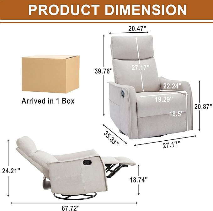 Manual 360° Swivel Rocker Recliner Chair for Adults, Overstuffed Glider Chair for Nursery with Vibration Massage and Heat, Comfy Soft Fabric Glider with Side Pockets for Living Room, Beige