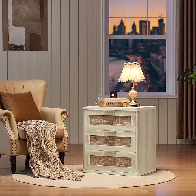 LEYAOYAO Rattan Night Stand Set 2 with Drawers, 23" Large Boho Nightstand, 3 Drawer Grey White Bedside Table Storage Cabinet, Bed Side End Tables Chest of Drawers, Living Room, Hallway, Closet