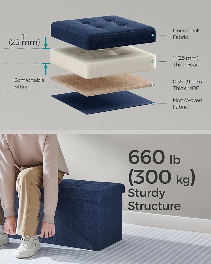 SONGMICS Mazie Collection - 43 Inches Storage Ottoman, Foldable Storage Bench with Flipping Lid, 660 lb Load Capacity, for Entryway, Living Room, Bedroom, Midnight Blue ULSF076Q02