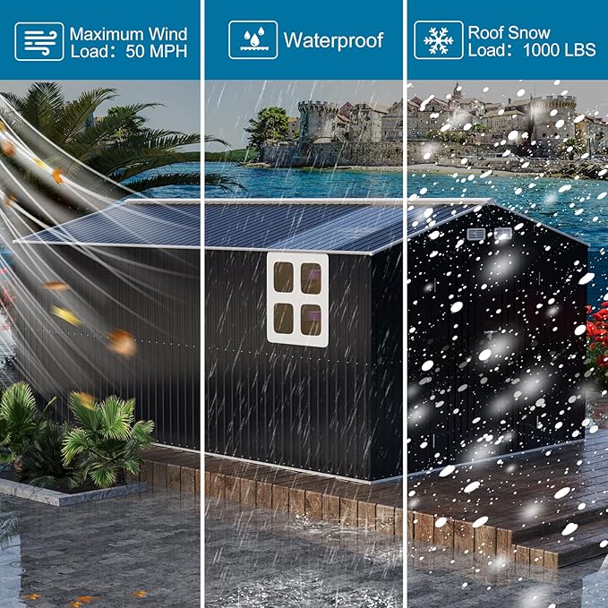 10x16 FT Metal Outdoor Shed Extra Large Waterproof Tools Storage House with Skyview Windows Air Vent Reinforced Frame for Outside Garden Backyard to Store Bikes,Lawnmower,Garage,Dark Grey