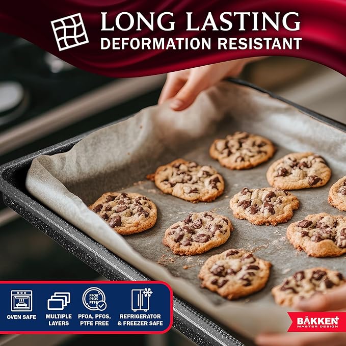BAKKEN Kitchen Baking Pans - Small, Medium, and Large Cookie Pan (13.58×9.65, 15.75×11, 17.91×12.60), Nonstick, Diamond Texture Bottom, PFOA, PFOS, PTFE Free, Oven Safe (450°F), Pack of 3, Gray Marble