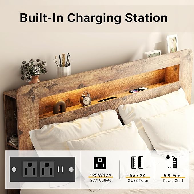 Wood King Size Bed Frame with Headboard, Farmhouse Platform Bed Frame with Bookcase Shelf,LED Lights,Charging Station,Heavy Duty Supports,No Box Spring Needed,Dark Brown