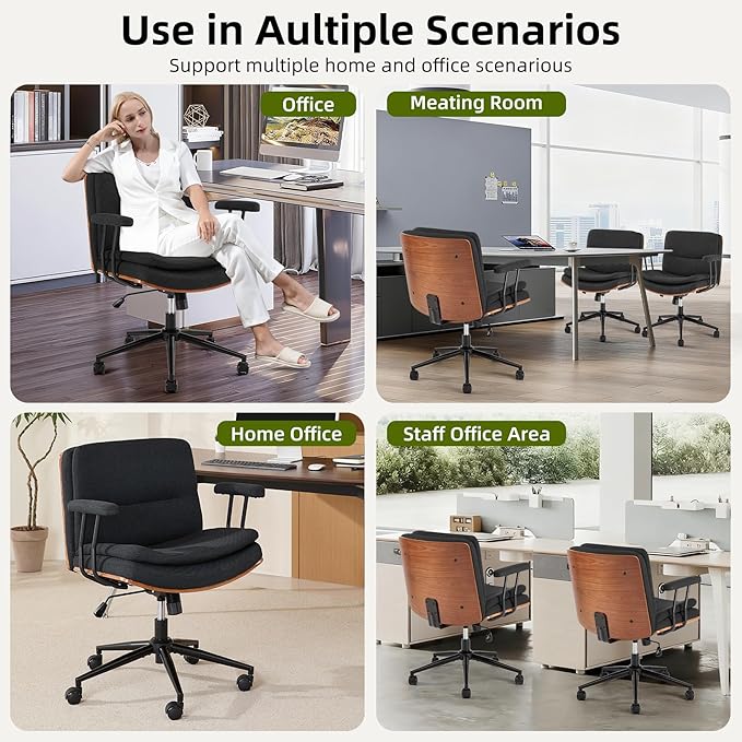 Criss Cross Chair with Armrests & Wheels, PU Leather Adjustable Swivel Walnut Task Chair with Wide Seat, Ergonomic Mid Back Computer Office Desk Chairs for Meeting Room, Home
