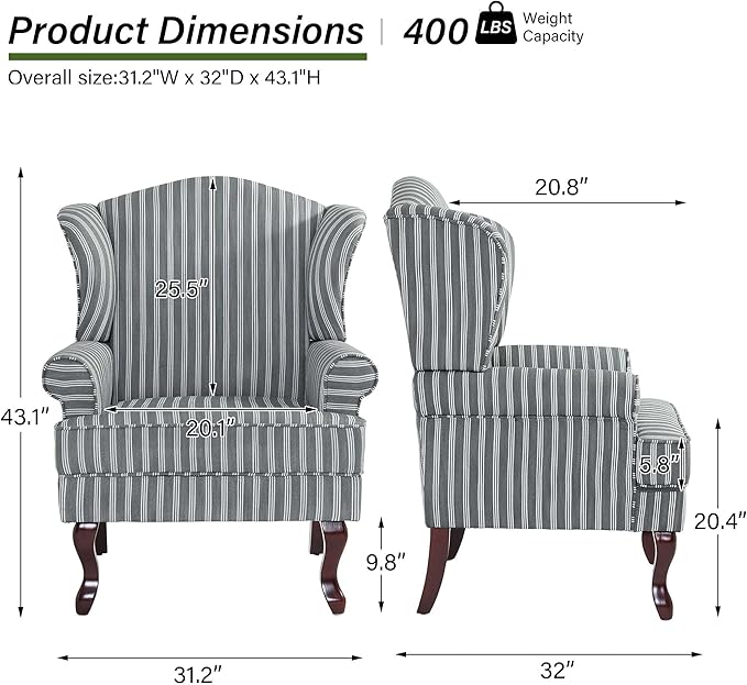 Accent Chair, High Back Upholstered Armchair with High Resilience Sponge & Wood Legs, Mid-Century Modern Comfy Single Sofa Reading Chairs for Living Room, Bedroom (Stripe Grey, Set of 1)