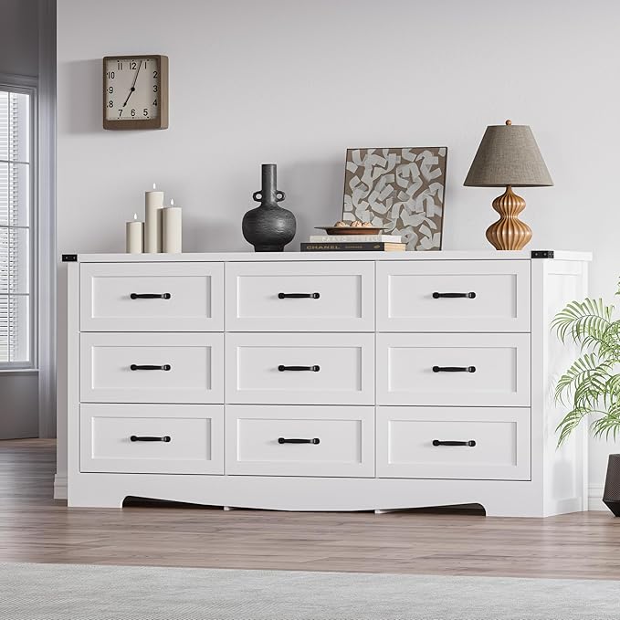 White Dresser for Bedroom, 59'' Wide Wooden Chest of Drawers with Natural Wood Texture, 9 Drawer Dresser for Closet with Metal Handles, Sleek Storage Solution for Living Room, Office, Hallway