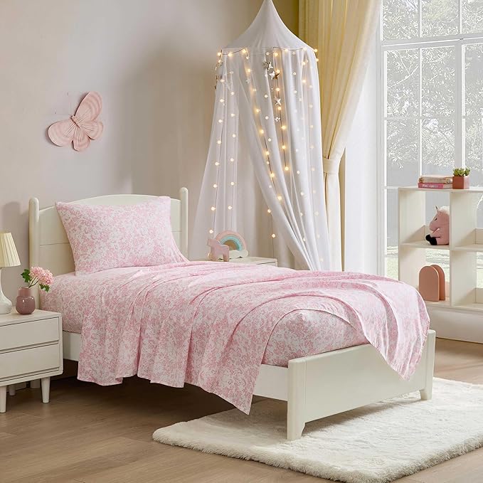 Laura Ashley Kids - Twin Sheet Set, Soft & Wrinkle-Resistant Toddler Bedding Set, Deep Pockets, Girl Bed Sheets with Matching Fitted Sheet & Pillowcase (Toile Unicorn Pink)