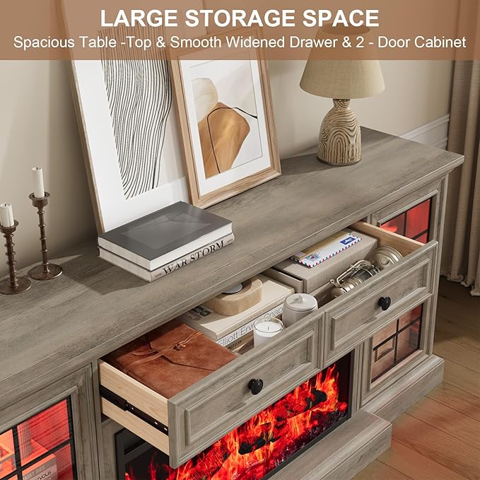 Fireplace TV Stand Up to 80" TVs, 70'' Modern Entertainment Center with 36" Electric Fireplace & LED Lights, Farmhouse Media Console with Storage Cabinet & Drawer for Living Room, Gray