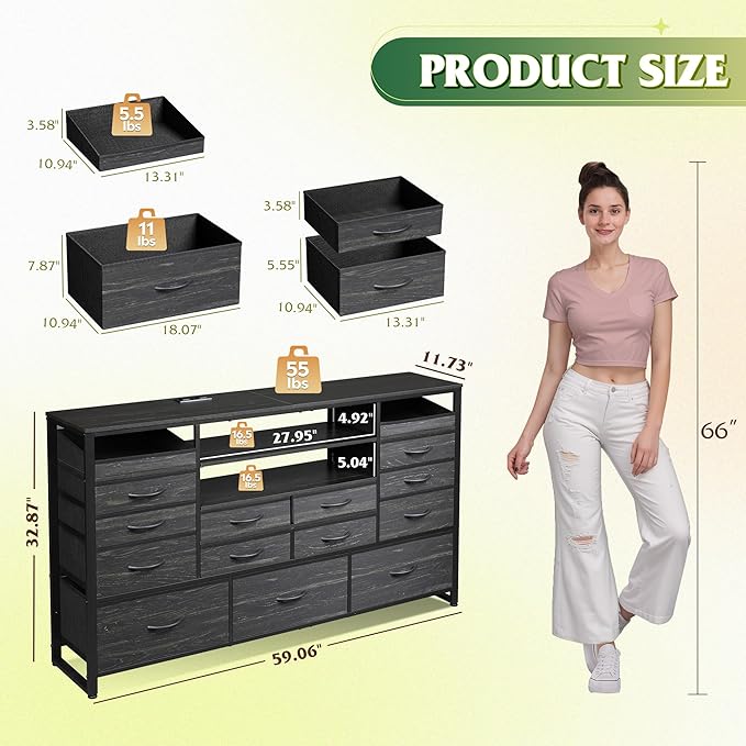 WLIVE Black TV Stand for 55, 60, 65 inch TV, Entertainment Center with LED Lights & Charging Station, TV Media Console Table with 15 Fabric Drawers and Open Shelves for Living Room, Hallway, Wood Top