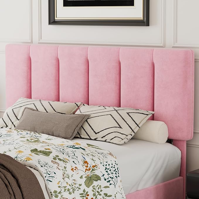 VECELO Queen Bed Frame with Upholstered Headboard, Heavy-Duty Platform Bedframe with Strong Wooden Slats Support, No Boxing Spring Needed, Pink
