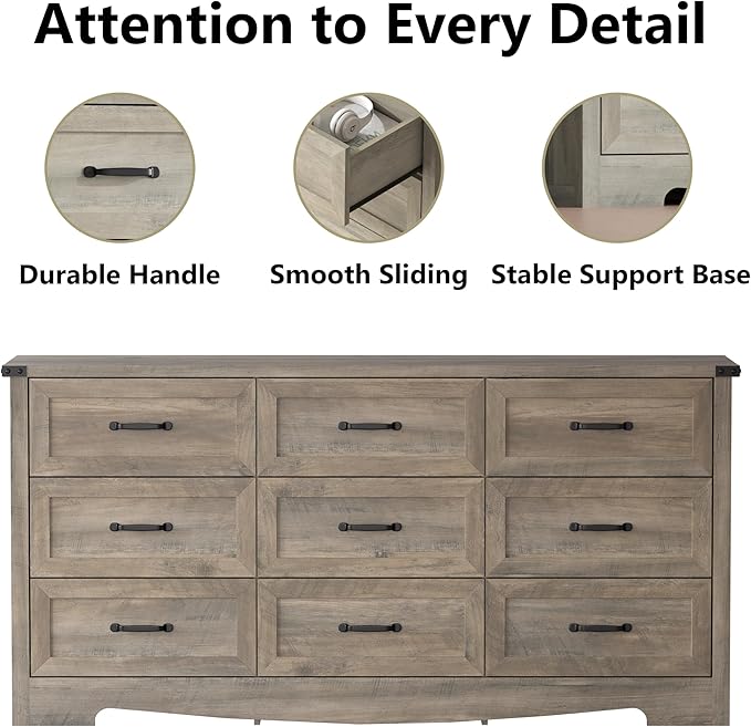 Dresser for Bedroom, 59'' Wide Chest of Drawers with Natural Wood Texture, 9 Drawer Dresser for Closet with Metal Handles, Sleek Storage Solution for Living Room, Office, Hallway, Grey