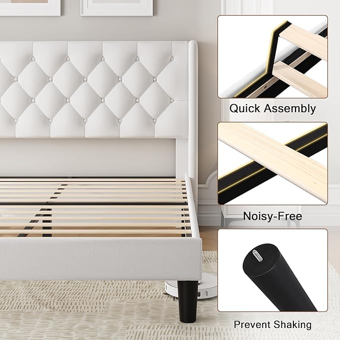Queen Size Upholstered Bed Frame with Wingback Headboard, Fabric Linen Platform Bed, 8" Under Bed Storage, Wooden and Metal Slats Support, No Box Spring Needed, White