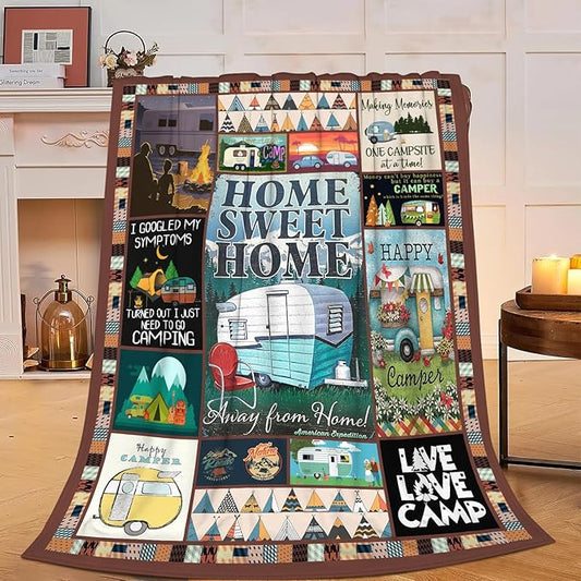 Camping Blanket Soft Warm Plush Throw Blanket Happy Camper RV Gifts for Camper Lover Cozy Lightweight Flannel Fleece Stuff Decor Blanket for Girls Boys Kids Adults Women Bed Travel 40"x50"