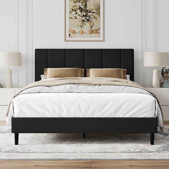 Queen Size Bed Frame, Platform Bed Frame with Velvet Upholstered Headboard, Queen Upholstered Mattress Foundation with Strong Wooden Slats, No Box Spring Needed, Noise Free, Easy Assembly