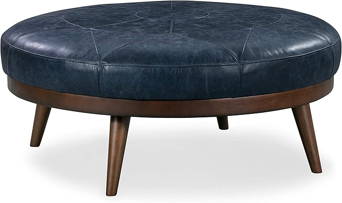 POLY & BARK Gio Modern Leather Ottoman Pouf (Midnight Blue)