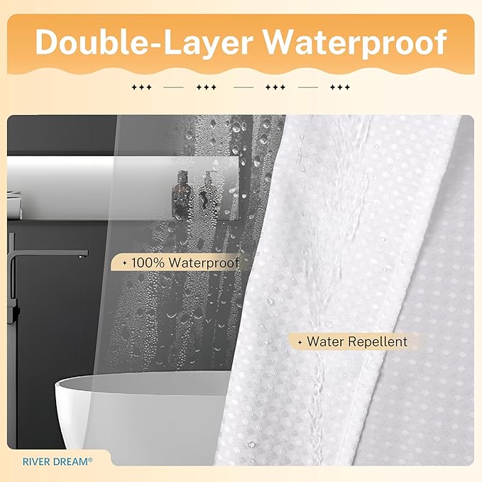 River Dream 3 in 1 Waffle Shower Curtain Set, White Fabric Shower Curtain and Clear Liner Set, with Double Sided Hooks, Waterproof, 72" W*78" H
