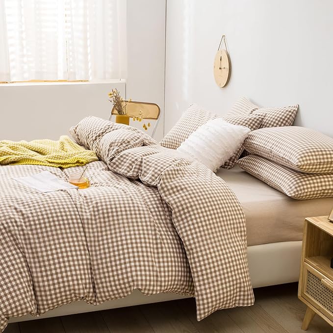 mixinni Tan Gingham Comforter Set Full, Plaid Comforter Set 3 Pieces 1 Beige Grid Comfoter with 2 Pillow Cases for All Seasons, Soft Fluffy Modern Grid Pattern Printed Bedding-Full Size