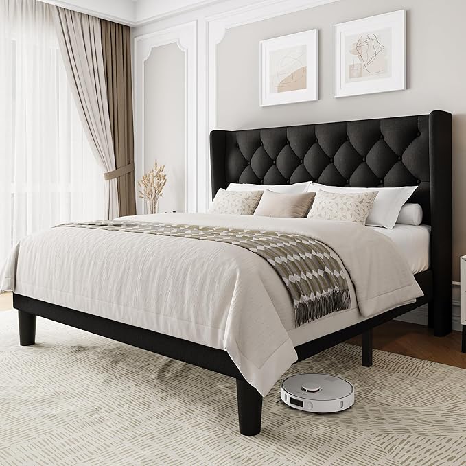 Full Size Upholstered Bed Frame with Wingback Headboard, Fabric Linen Platform Bed, 8" Under Bed Storage, Wooden and Metal Slats Support, No Box Spring Needed, Noise Free, Black