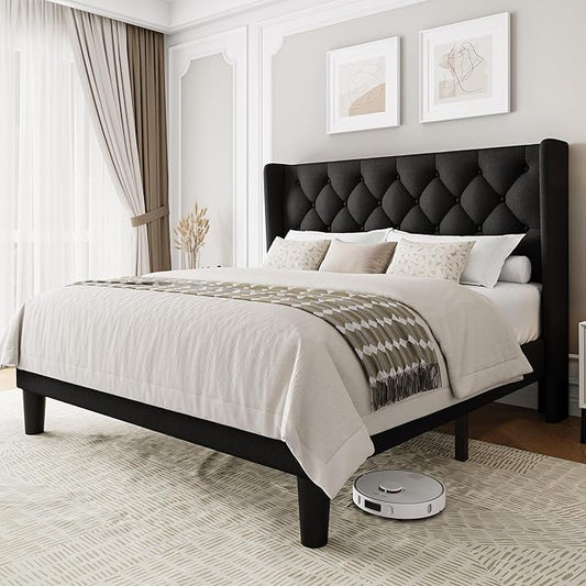Full Size Upholstered Bed Frame with Wingback Headboard, Fabric Linen Platform Bed, 8" Under Bed Storage, Wooden and Metal Slats Support, No Box Spring Needed, Noise Free, Black