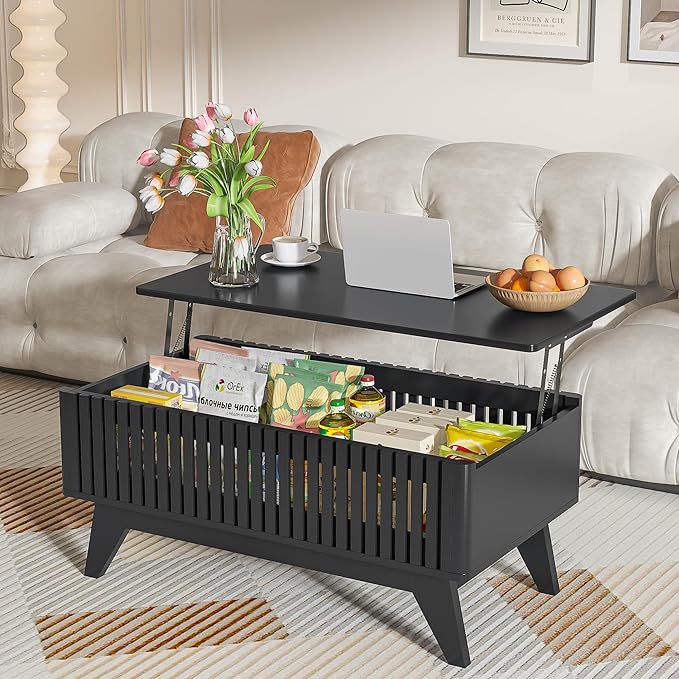 Lift Top Coffee Table with Hidden Compartment, Mid Century Modern Coffee Table for Living Room, Fluted Design Farmhouse Center Table with Storage (Black, 35.4''W)