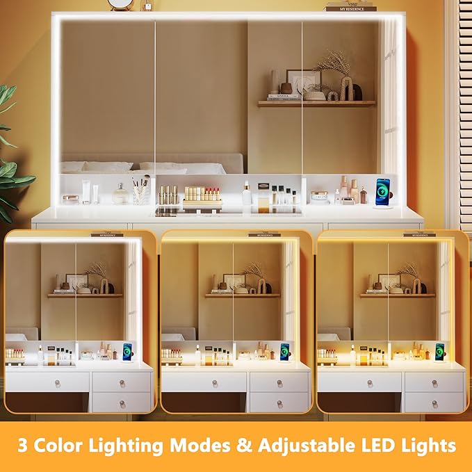 Vanity Desk with Mirror and Lights, 50" Makeup Vanity with Glass Top & Power Outlet, White Vanity with 11 Drawers & 8 Hidden Storage Shelves, 3 LED Lighting Modes Adjustable for Bedroom
