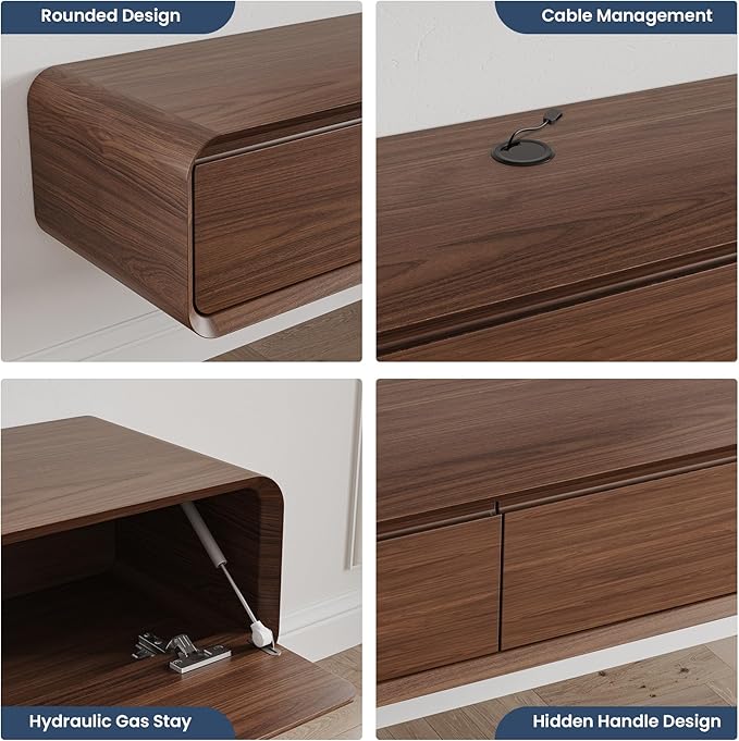 Fully-Assembled Minimalist Floating TV Stand, Modern Wall-Mounted Entertainment Center with 4 Flip-Down Cabinet Doors, Solid Wood Media Console, Walnut Veneer, 94"