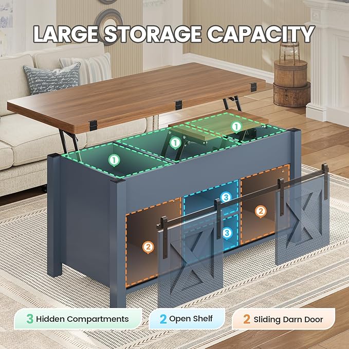 SEDETA Lift Top Coffee Table, 4 in 1 Multi-Function Convertible Coffee Tables with Storage and Hidden Compartment, Farmhouse Coffee Table Converts to Dining Table for Living Room, Blue