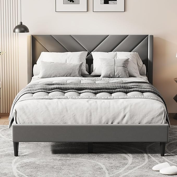 Casaottima Queen Bed Frame Upholstered Platform Bed with Wingback Headboard, Sturdy Wooden Slats Support, Noise-Free Mattress Foundation, No Box Spring Needed, Easy Assembly, Arrow Pattern Smoky Grey
