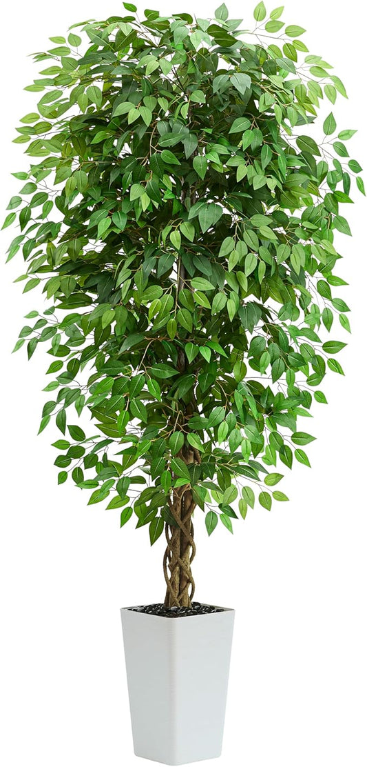 Artificial Ficus Tree 7FT Faux Floor Tree with Planter UV Resistant Potted Fake Silk Plant - Faux Trees Indoor Outdoor Lifelike Fake Ficus Tree for Home, Living Room Bedroom Topiary Tree