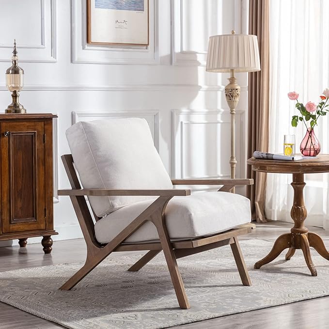 Wahson Mid Century Chair, Upholstered Accent Armchair, with Wood Frame and Removable Linen Cushions, Leisure Slipper Chair for Living Room/Bedroom, Cream
