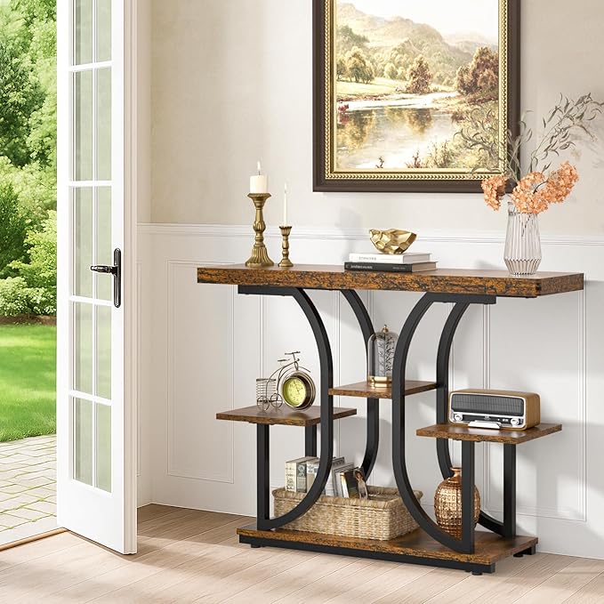 ikkle 42.5" Console Table, Industrial 4-Tier Sofa Table Entryway Table with Curved Base, Narrow Wood Accent Tables with Storage Shelves for Living Room, Hallway, Foyer, Rustic Brown