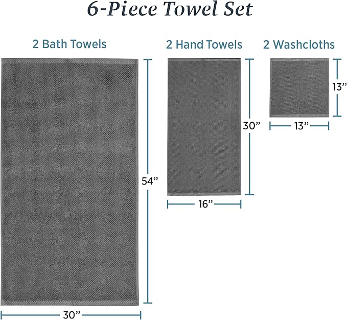 Welhome Franklin 100% Cotton Popcorn Textured Towel Set - 6 Piece 600 GSM, Soft & Plush, 2 Bath Towels, 2 Hand Towels, 2 Washcloths, Dark Gray