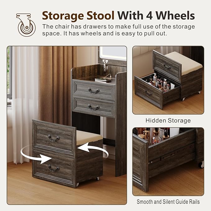 Farmhouse 3 in 1 Vanity with Flip Top Mirror, LED Small Makeup Desk with 2 Sockets USB, Compact Vanity with Glass Desktop, Storage and Cushioned Stool with Wheels,3 Drawers, for Bedroom