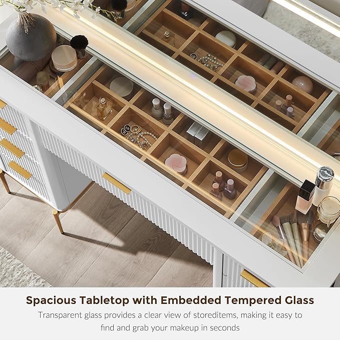 T4TREAM 48" Fluted Makeup Vanity Desk with 48" Large Mirror and HD LED Lights, Modern Vanity Table with 9 Drawers & Charging Station, Glass Top and Golden Handles Dressing Table for Bedroom, White