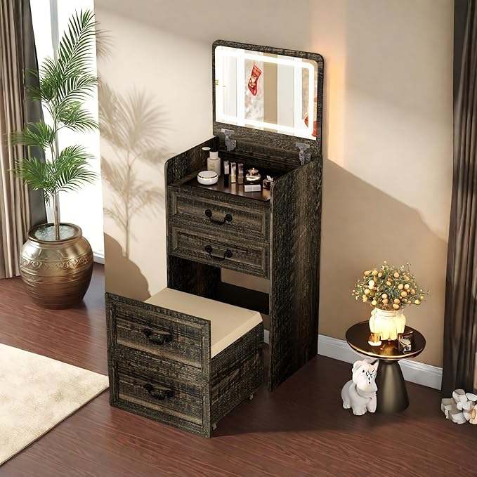 Makeup Vanity, 3-in-1 Vanity with Flip-Top Mirror, Visible Glass Desktop & 3-Color Lighting, 20'' Intelligent Makeup Desk with USB Charging Station & Hidden Storage Stool for Bedroom, Brown