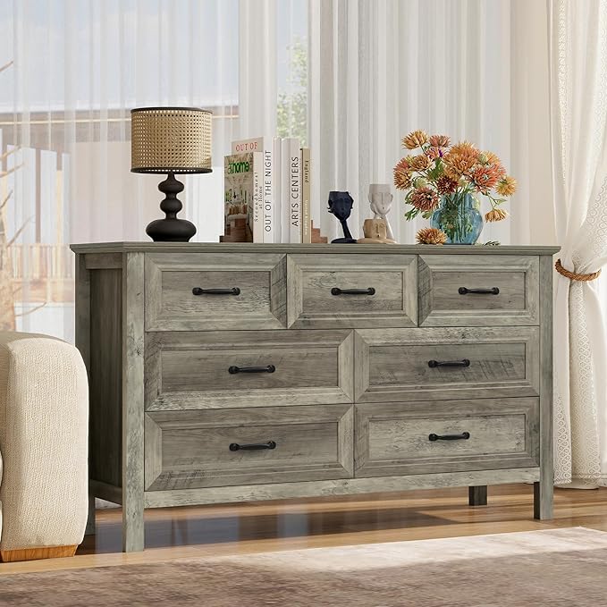 Farmhouse 7-Drawer Dresser for Bedroom, 52" Wide Wood Chest of Drawers with Large Metal Handles, Grey Dressers Storage Organizer for Bedroom, Living Room & Hallway