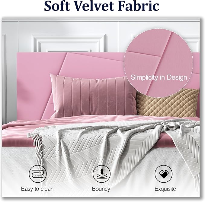 Full Size Bed Frame, Full Platform Bed Frame with Velvet Upholstered Headboard, Geometric, Sturdy Frame and Wooden Slats, Noiseless, No Box Spring Required, Easy to Assemble，Pink