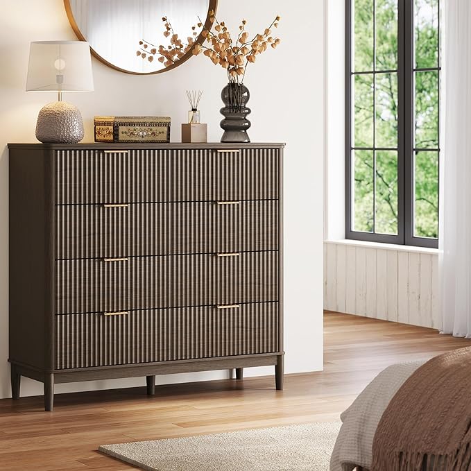 LINSY 8 Drawer Double Dresser for Bedroom, Modern Fluted Wood Chest of Drawers with Gold Metal Handles, Wide Storage Dresser TV Stand for Bedroom, Living Room, Entryway, Walnut