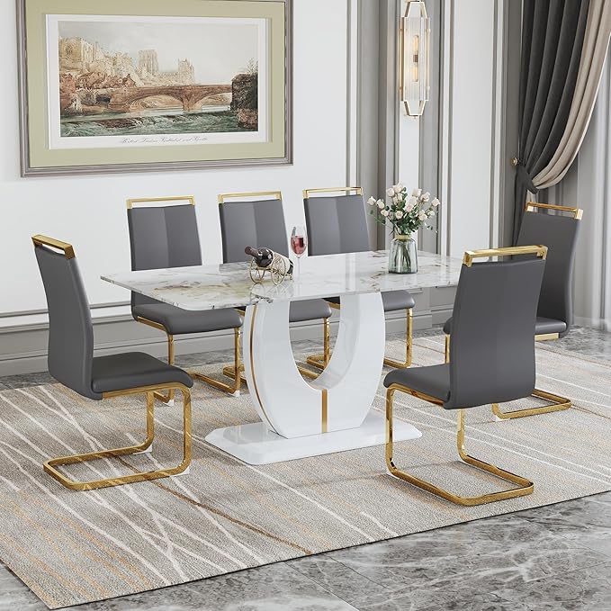 Dining Table Set for 6, Kitchen Table Chairs Set of 6, Modern Dining Room Set 71'' Faux Marble Dinner Table PU Leather Upholstered Chairs for Kitchen (Grey-Golden, 71” White Table Set)