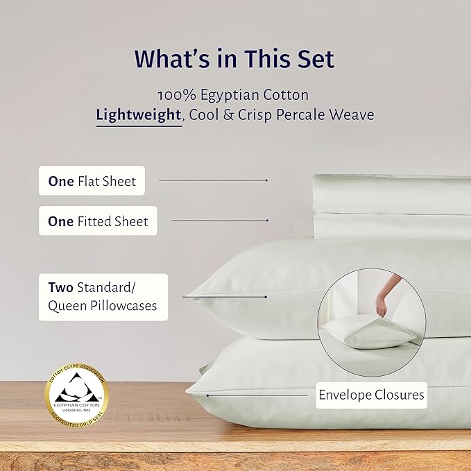 California Design Den Full Size Sheets Set - Certified 100% Egyptian Cotton Percale Sheets Full Size with Deep Pockets, Cool, Crisp & Durable Luxury Bedding Set - Ivory