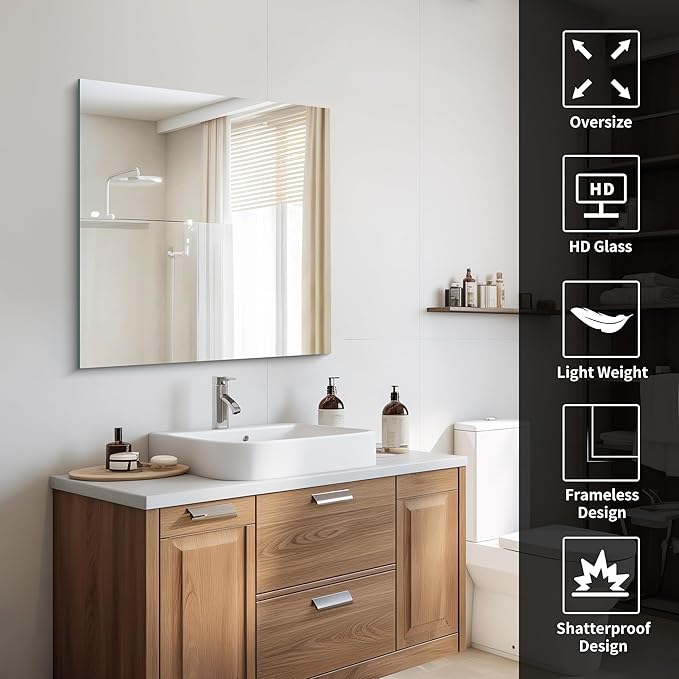 Frameless Mirror, 30x30 inch Square Bathroom Mirrors for Wall, Upgraded Shatterproof Vanity Mirror Over Sink with Polished Edge for Bathroom,Bedroom,Living Room and Entryway