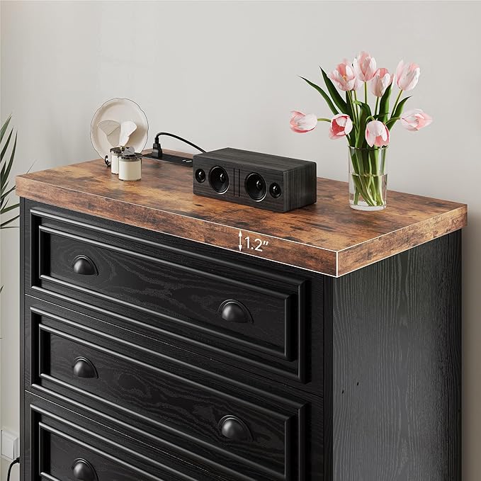 LIKIMIO 43" Tall 5 Drawers Dresser for Bedroom, Power Strip, Farmhouse Large Wood Dressers & Chest of Drawers with Wide Storage Cabinet, Black