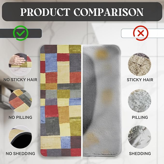 MontVoo -Bath Mat-Non Slip Thin Bathroom Rugs Fit Under Door- Quick Dry Absorbent Faux Suede Surface Grey Bathroom Floor Mats-Shower Rug for in Front of Bathtub Shower Retro Colors Plaid 16x24